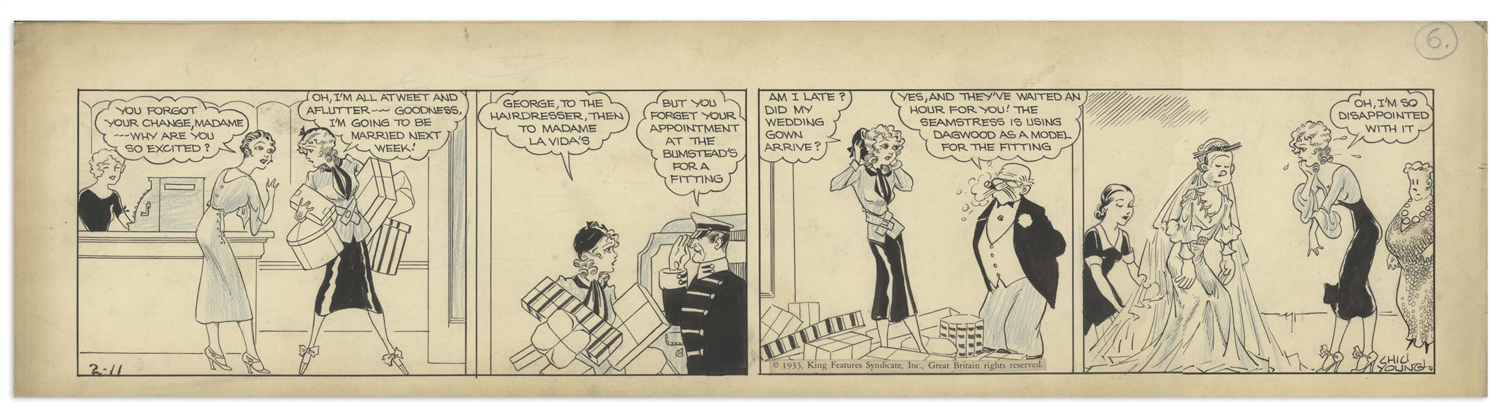 Chic Young Hand-Drawn ''Blondie'' Comic Strip From 1933 Titled ''In Poor Shape'' -- In This Fantastic Strip, Dagwood Is the Fitting Model in Blondie's Wedding Dress!